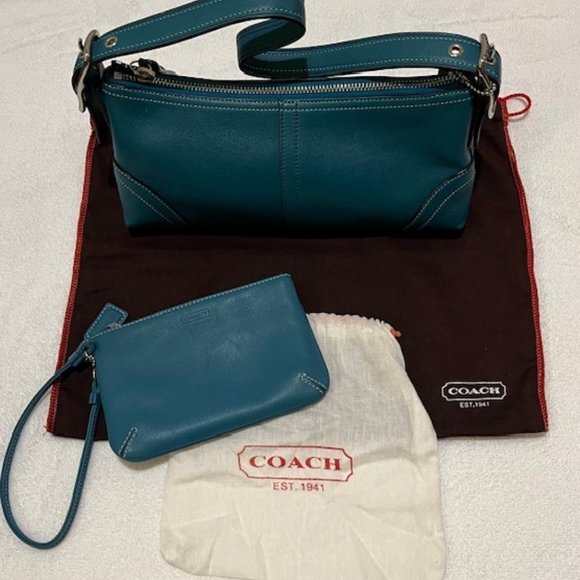 2 Leather Coach Bags Y2K NWOT Teal Turquoise Blue Baguette handbag w/ Wristlet - Picture 9 of 9